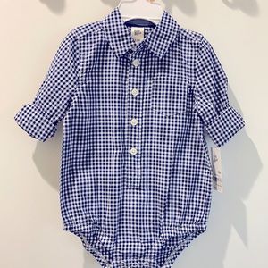 Baby Oshkosh Navy Blue plaid button onesie - 12 month